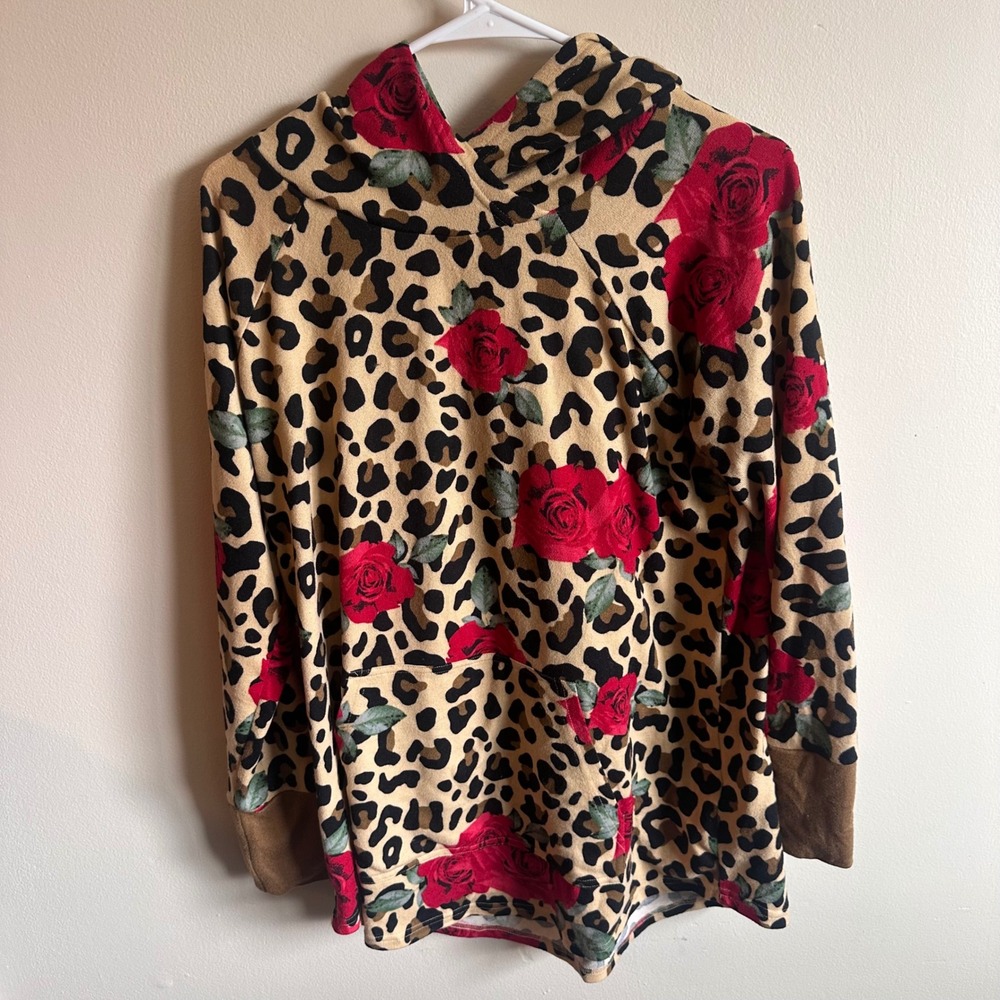 LuLaRoe Amber Hoodie Womens L Brown Leopard Rose Print Pullover Long Sleeve Top